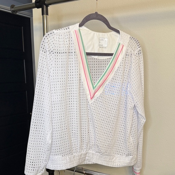 Lucky in Love White Mesh Top with Pink and Green Stripes - Picture 2 of 4